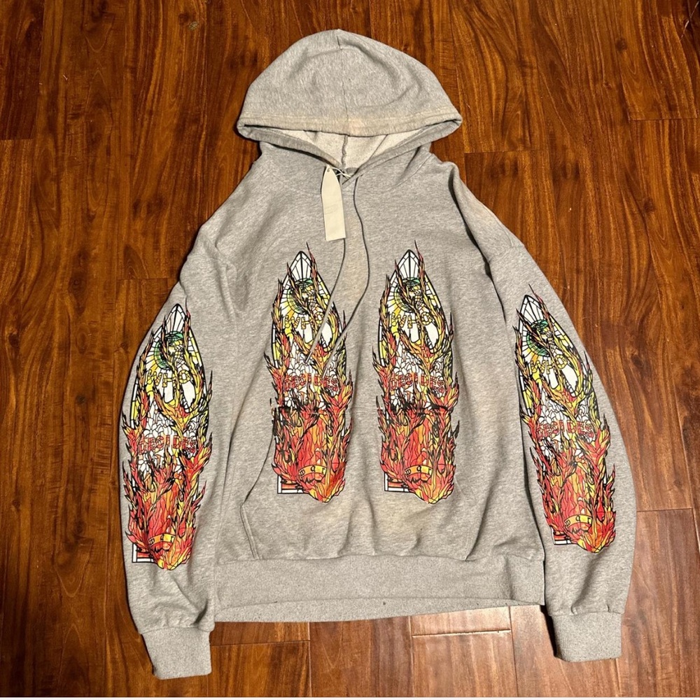 Who Decides War Gray and Red Hoodie with Graphic Sleeves